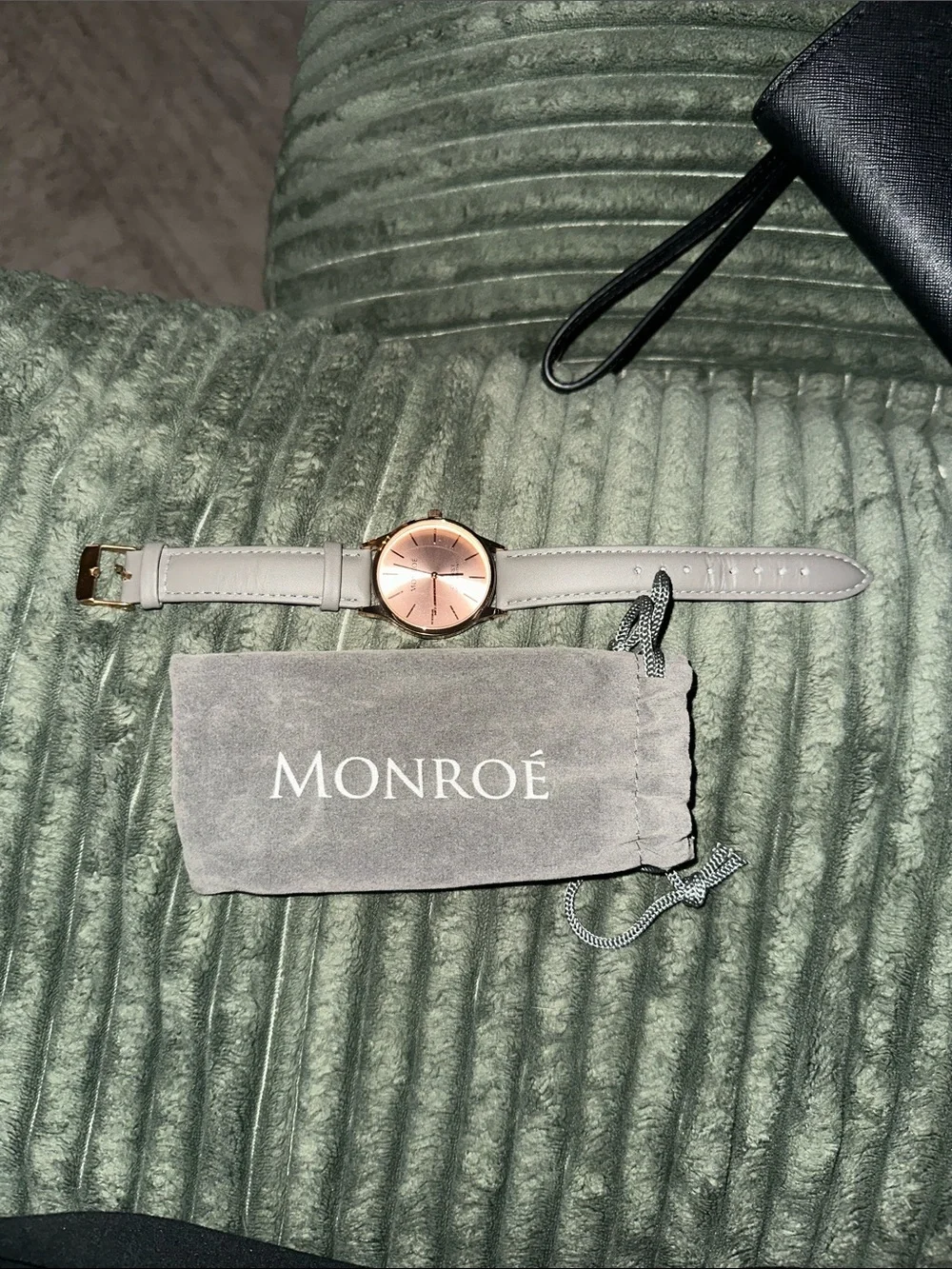 Monroe Rose Gold Dial Watch with Light Gray Leather Band